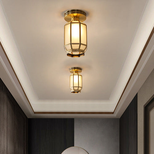 Traditional Chinese Cylinder Round Glass Copper 1-light Semi-flush Mount Ceiling Light for Living Room