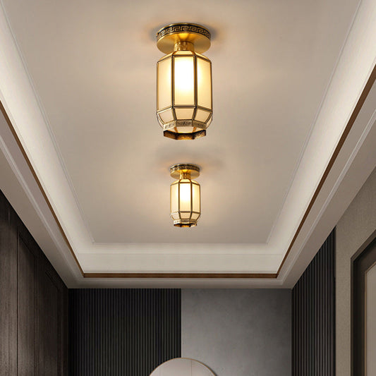 Traditional Chinese Cylinder Round Glass Copper 1-light Semi-flush Mount Ceiling Light for Living Room