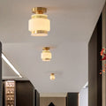Traditional Chinese Cylinder Round Glass Copper 1-light Semi-flush Mount Ceiling Light for Living Room