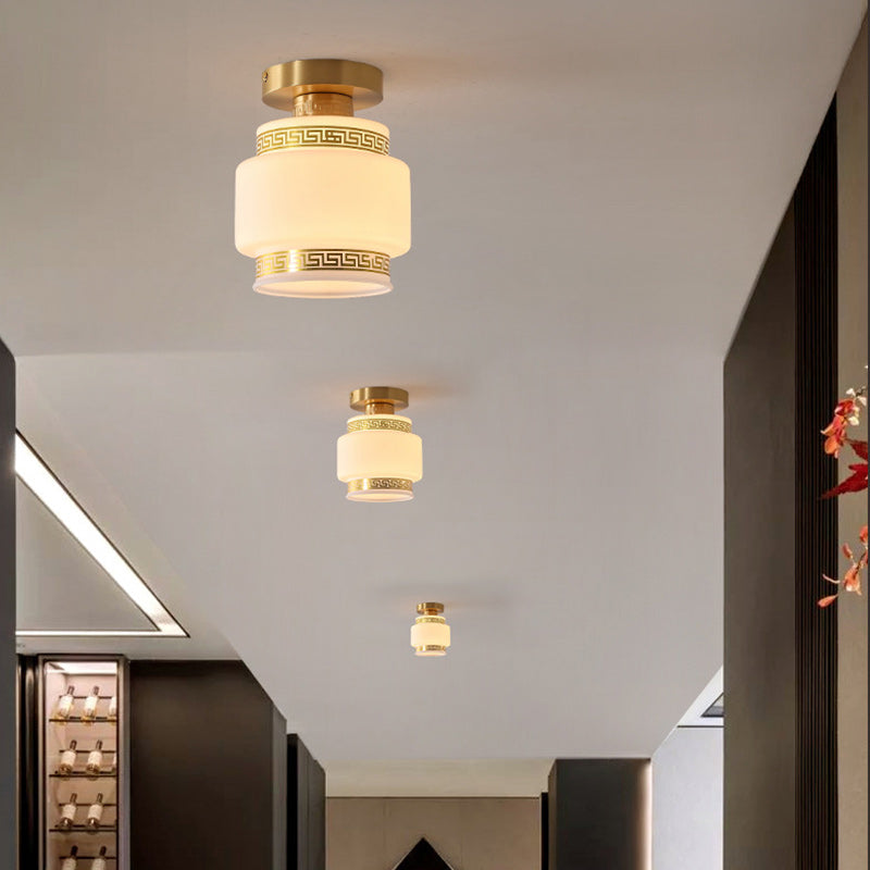 Traditional Chinese Cylinder Round Glass Copper 1-light Semi-flush Mount Ceiling Light for Living Room