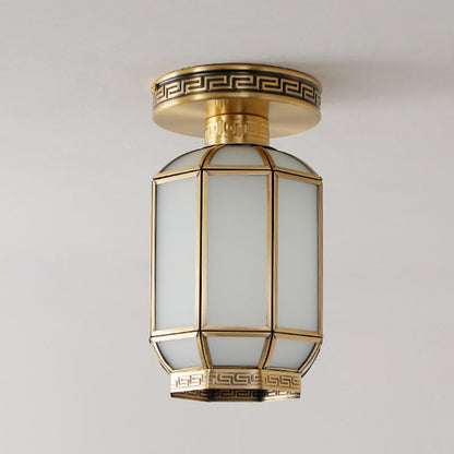 Traditional Chinese Cylinder Round Glass Copper 1-light Semi-flush Mount Ceiling Light for Living Room