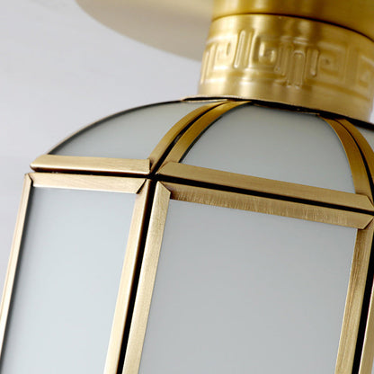 Traditional Chinese Cylinder Round Glass Copper 1-light Semi-flush Mount Ceiling Light for Living Room