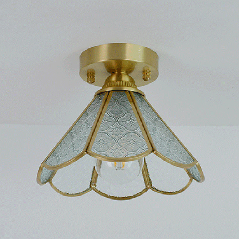 Traditional Vintage Conical Round Glass Copper 1-Light Semi-Flush Mount Ceiling Light For Living Room