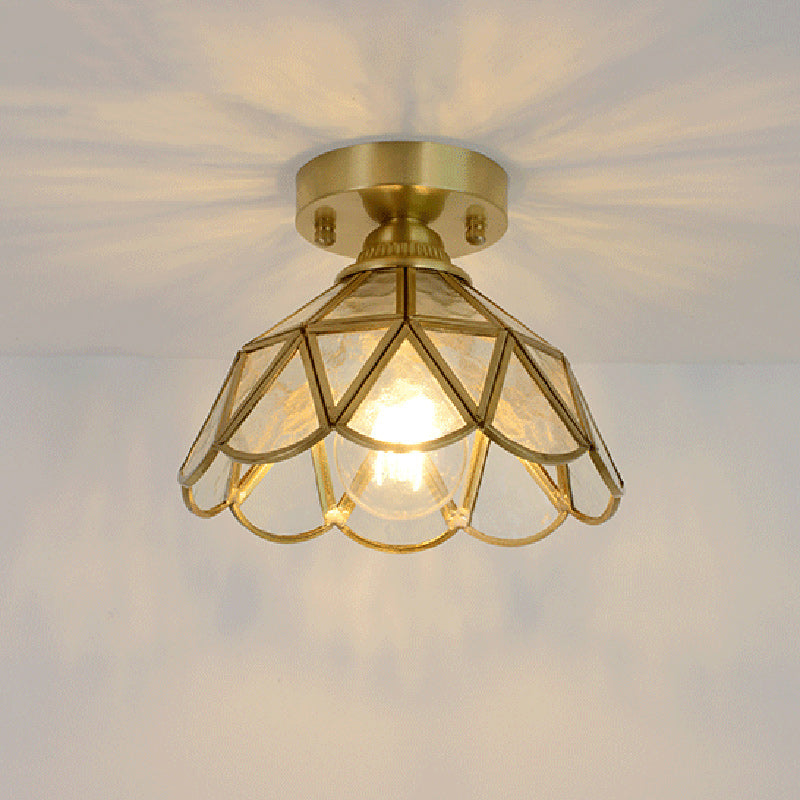 Traditional Vintage Conical Round Glass Copper 1-Light Semi-Flush Mount Ceiling Light For Living Room