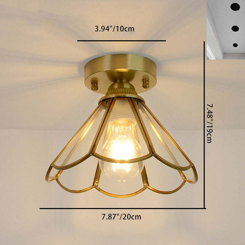 Traditional Vintage Conical Round Glass Copper 1-Light Semi-Flush Mount Ceiling Light For Living Room
