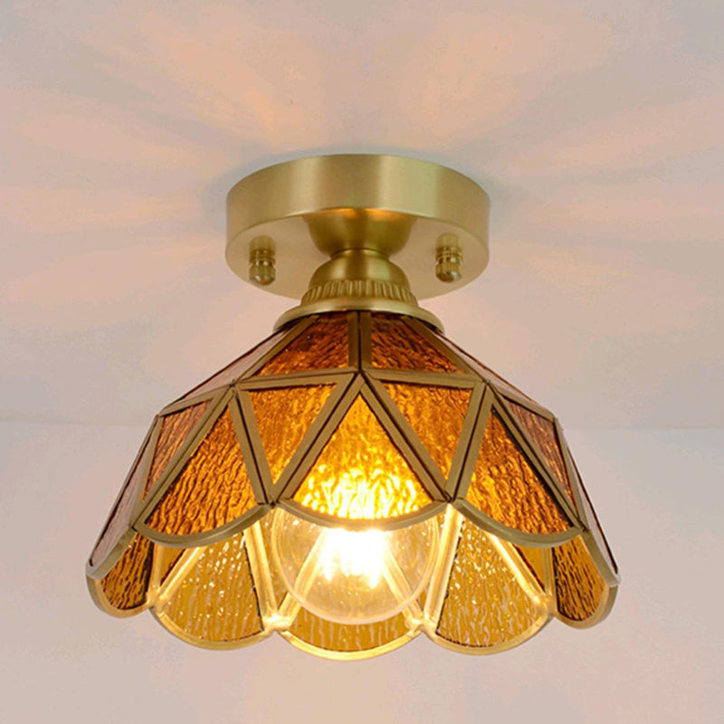 Traditional Vintage Conical Round Glass Copper 1-Light Semi-Flush Mount Ceiling Light For Living Room