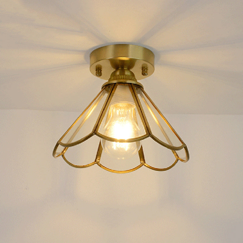 Traditional Vintage Conical Round Glass Copper 1-Light Semi-Flush Mount Ceiling Light For Living Room