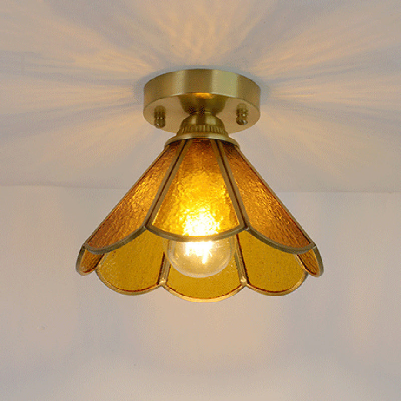Traditional Vintage Conical Round Glass Copper 1-Light Semi-Flush Mount Ceiling Light For Living Room