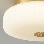 Traditional Chinese Round Glass Copper LED Flush Mount Ceiling Light For Bedroom