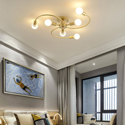 Contemporary Scandinavian Branch Bend Round Iron 6/8 Light Semi-Flush Mount Ceiling Light For Bedroom