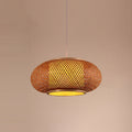 Traditional Chinese Flat Lantern Round Bamboo 1-Light Pendant Light For Living Room