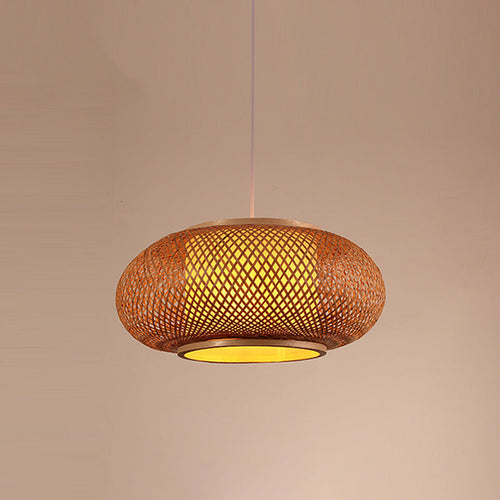 Traditional Chinese Flat Lantern Round Bamboo 1-Light Pendant Light For Living Room