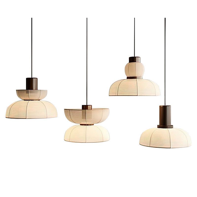 Traditional Japanese Half Round Column Fabric Wood 1-Light Pendant Light For Bedroom