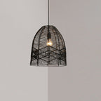 Traditional Japanese Round Cutout Sisal Iron 1-Light Pendant Light For Living Room