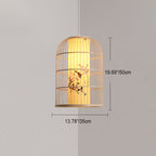 Traditional Chinese Cylinder Round Print Faux Sheepskin Bamboo 1-Light Pendant Light For Living Room