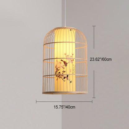 Traditional Chinese Cylinder Round Print Faux Sheepskin Bamboo 1-Light Pendant Light For Living Room