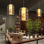 Traditional Chinese Cylinder Round Print Faux Sheepskin Bamboo 1-Light Pendant Light For Living Room