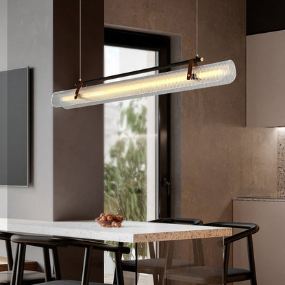 Contemporary Scandinavian Long Arched Cylinder Acrylic Leather Iron LED Island Light Chandelier for Living Room