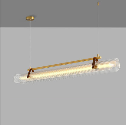 Contemporary Scandinavian Long Arched Cylinder Acrylic Leather Iron LED Island Light Chandelier for Living Room
