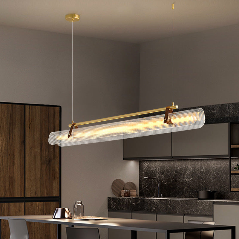 Contemporary Scandinavian Long Arched Cylinder Acrylic Leather Iron LED Island Light Chandelier for Living Room BulbSquare
