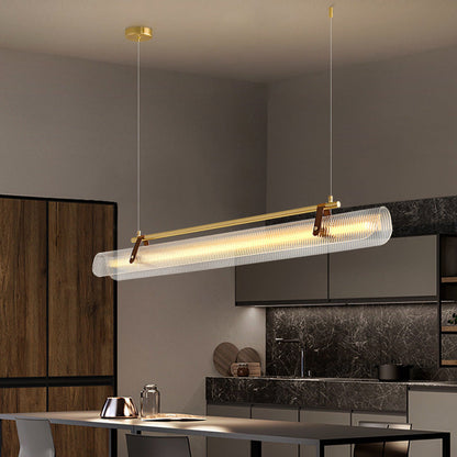 Contemporary Scandinavian Long Arched Cylinder Acrylic Leather Iron LED Island Light Chandelier for Living Room