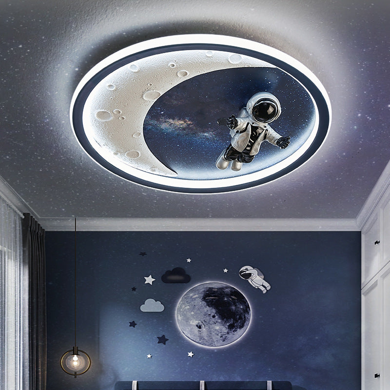 Modern Art Deco Round Astronaut Planet Acrylic Resin Iron LED Flush Mount Ceiling Light for Bedroom