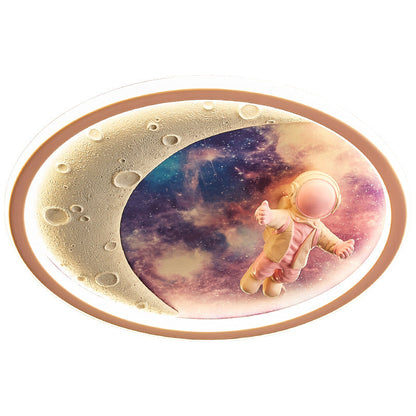 Modern Art Deco Round Astronaut Planet Acrylic Resin Iron LED Flush Mount Ceiling Light for Bedroom