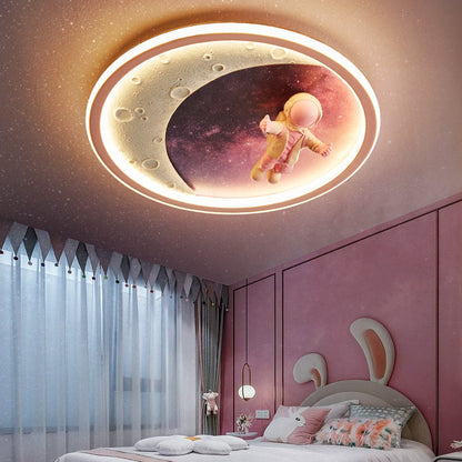 Modern Art Deco Round Astronaut Planet Acrylic Resin Iron LED Flush Mount Ceiling Light for Bedroom