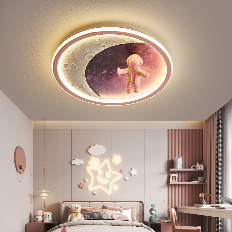 Modern Art Deco Round Astronaut Planet Acrylic Resin Iron LED Flush Mount Ceiling Light for Bedroom