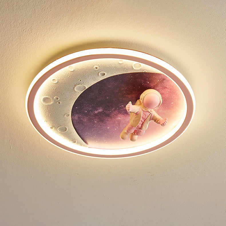 Modern Art Deco Round Astronaut Planet Acrylic Resin Iron LED Flush Mount Ceiling Light for Bedroom