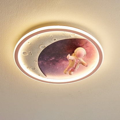 Modern Art Deco Round Astronaut Planet Acrylic Resin Iron LED Flush Mount Ceiling Light for Bedroom