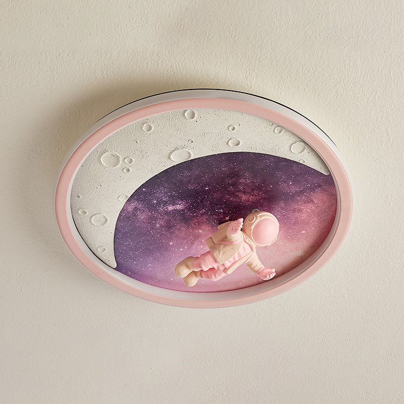Modern Art Deco Round Astronaut Planet Acrylic Resin Iron LED Flush Mount Ceiling Light for Bedroom