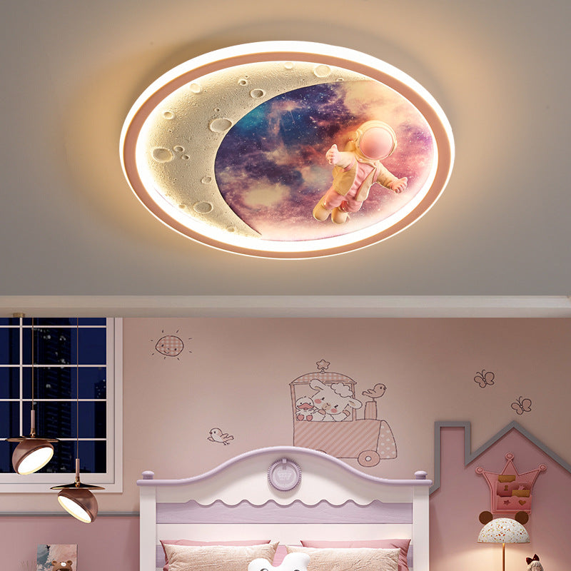 Modern Art Deco Round Astronaut Planet Acrylic Resin Iron LED Flush Mount Ceiling Light for Bedroom