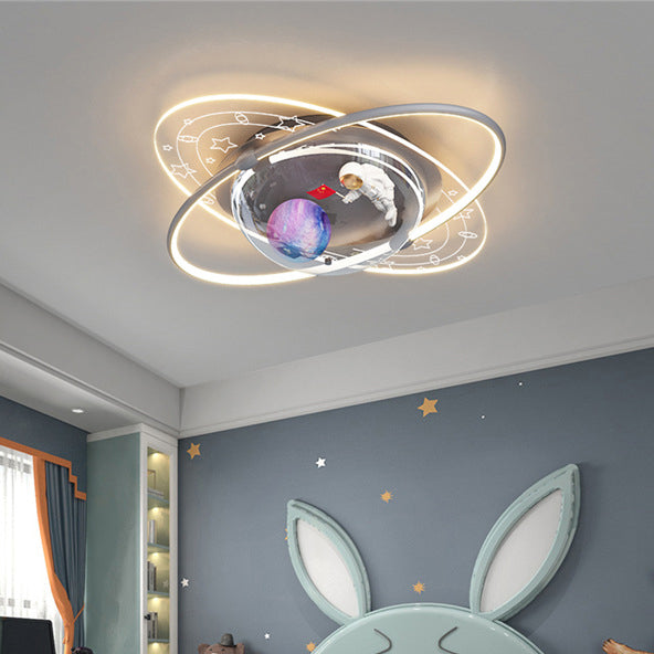 Modern Art Deco Kids Oval Astronaut Planet Acrylic Plaster Iron LED Flush Mount Ceiling Light for Living Room