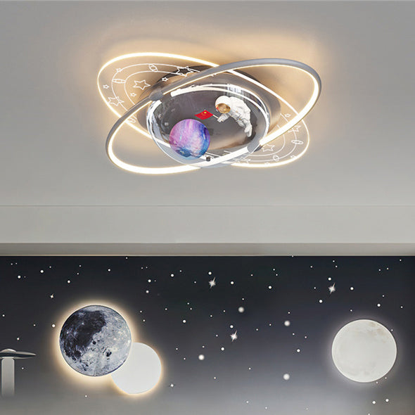 Modern Art Deco Kids Oval Astronaut Planet Acrylic Plaster Iron LED Flush Mount Ceiling Light for Living Room