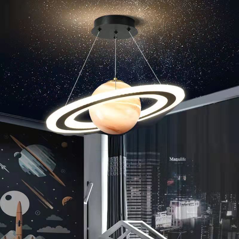 Modern Art Deco Kids Round Planet Spaceman Acrylic Iron LED Chandelier for Living Room BulbSquare