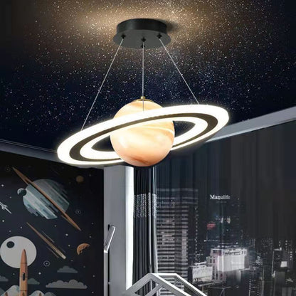 Modern Art Deco Kids Round Planet Spaceman Acrylic Iron LED Chandelier for Living Room