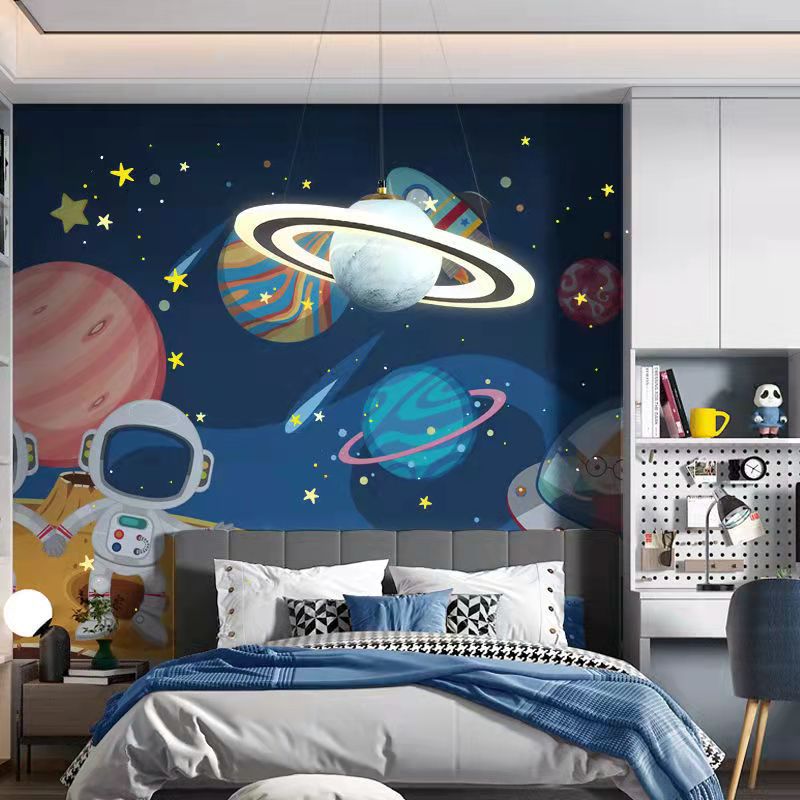 Modern Art Deco Kids Round Planet Spaceman Acrylic Iron LED Chandelier for Living Room BulbSquare