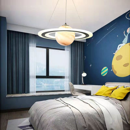 Modern Art Deco Kids Round Planet Spaceman Acrylic Iron LED Chandelier for Living Room