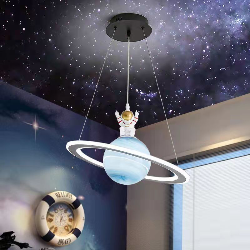 Modern Art Deco Kids Round Planet Spaceman Acrylic Iron LED Chandelier for Living Room