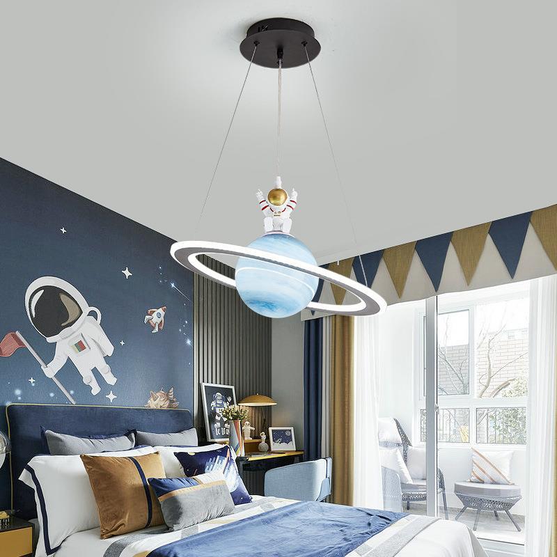 Modern Art Deco Kids Round Planet Spaceman Acrylic Iron LED Chandelier for Living Room