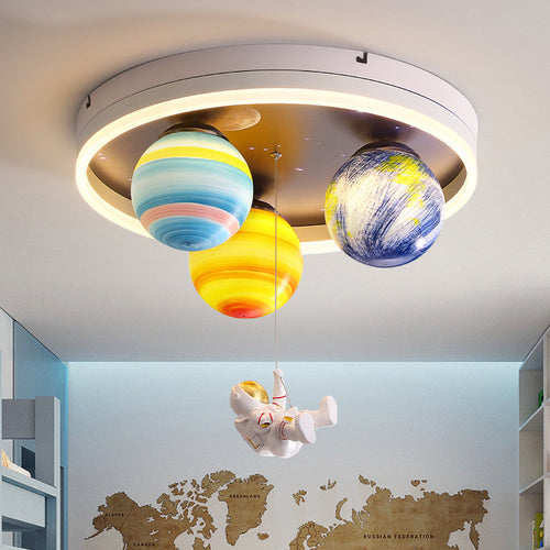 Modern Art Deco Kids Planet Astronaut Round Acrylic Resin Iron LED Flush Mount Ceiling Light for Bedroom