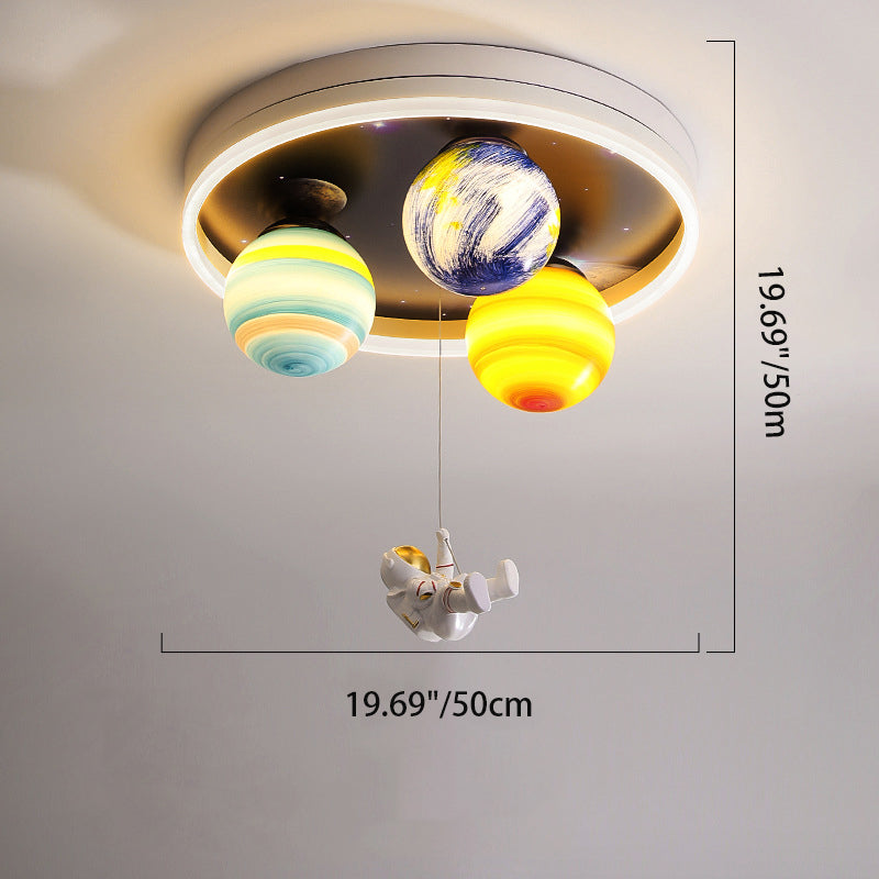Modern Art Deco Kids Planet Astronaut Round Acrylic Resin Iron LED Flush Mount Ceiling Light for Bedroom