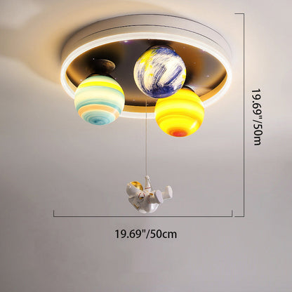 Modern Art Deco Kids Planet Astronaut Round Acrylic Resin Iron LED Flush Mount Ceiling Light for Bedroom