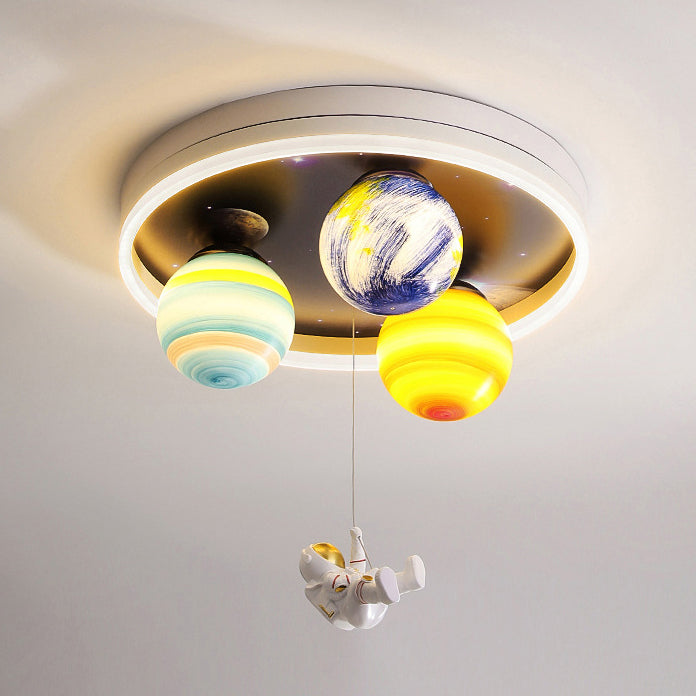 Modern Art Deco Kids Planet Astronaut Round Acrylic Resin Iron LED Flush Mount Ceiling Light for Bedroom