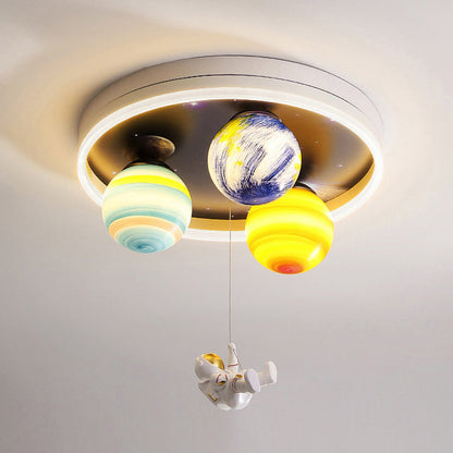 Modern Art Deco Kids Planet Astronaut Round Acrylic Resin Iron LED Flush Mount Ceiling Light for Bedroom