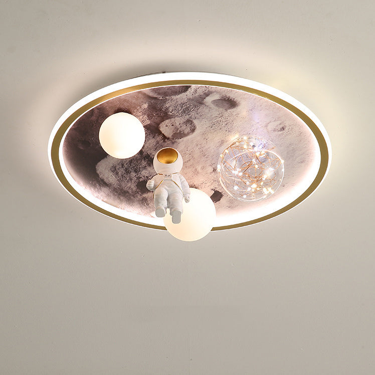 Modern Art Deco Kids Astronaut Planet Orb Round Acrylic Iron LED Flush Mount Ceiling Light For Bedroom
