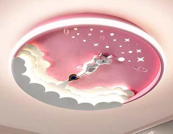 Modern Art Deco Kids Unicorn Rocket Round Silicone Iron LED Flush Mount Ceiling Light for Living Room