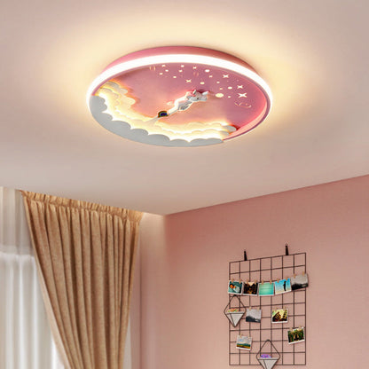 Modern Art Deco Kids Unicorn Rocket Round Silicone Iron LED Flush Mount Ceiling Light for Living Room