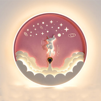 Modern Art Deco Kids Unicorn Rocket Round Silicone Iron LED Flush Mount Ceiling Light for Living Room